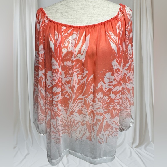 Jennifer Lopez Womens Orange/ White Floral Chiffon Sheer Top SZ Lg - Picture 1 of 4